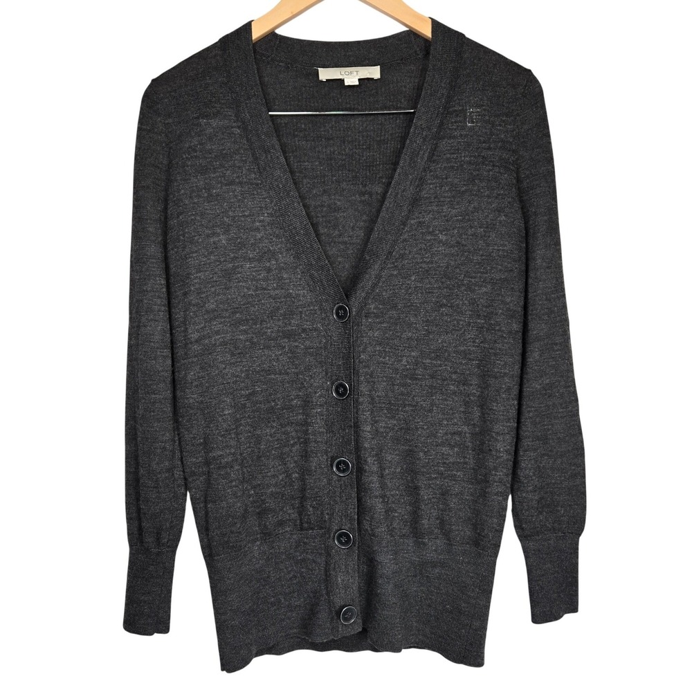 Ann Taylor LOFT Womens Small Gray V-Neck Button Front Wool Blend Cardigan 306176
